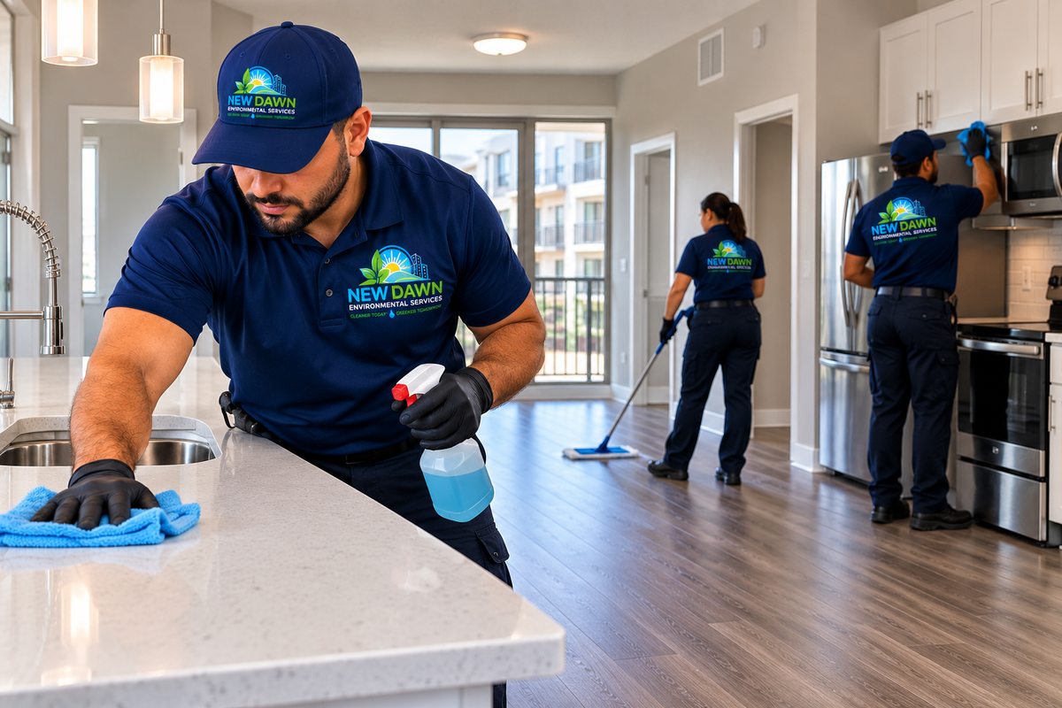 New Dawn team preparing an apartment for new residents by cleaning the kitchen and floors