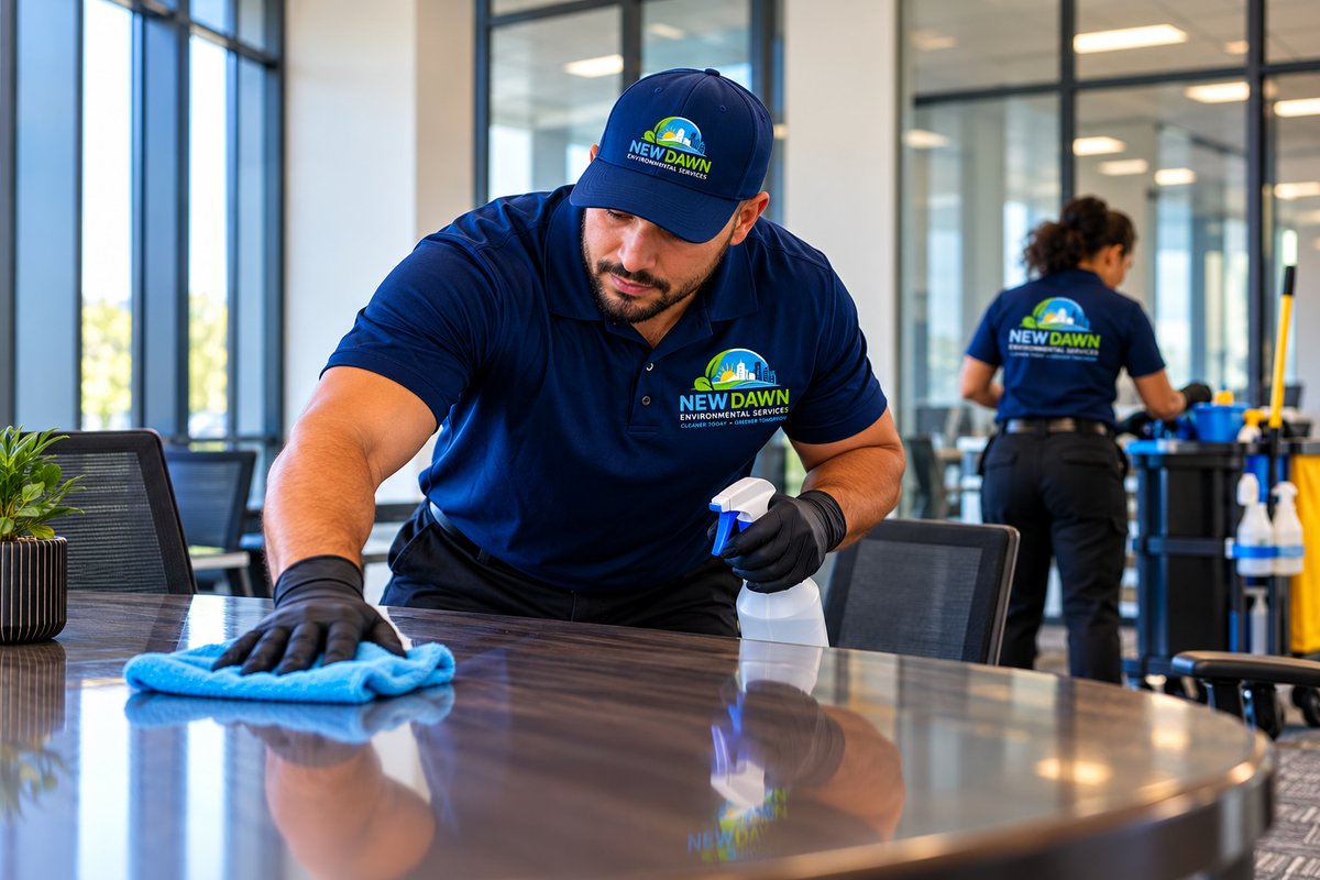 New Dawn team cleaning an office conference table